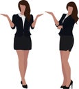 Two girls in office clothes stand in different poses